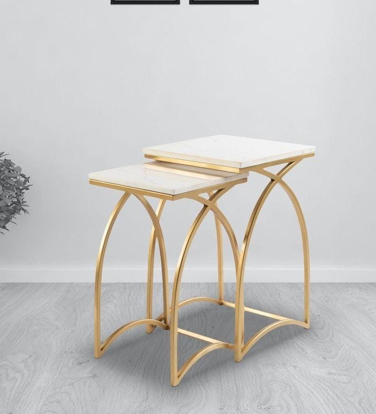 PC Home Decor | Set of 2 Square Side Table, White and Gold