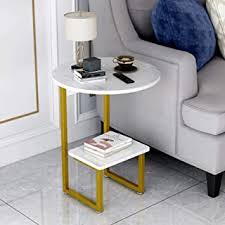 PC Home Decor | Metal Sofa Side Table with Marble Tops, White and Gold