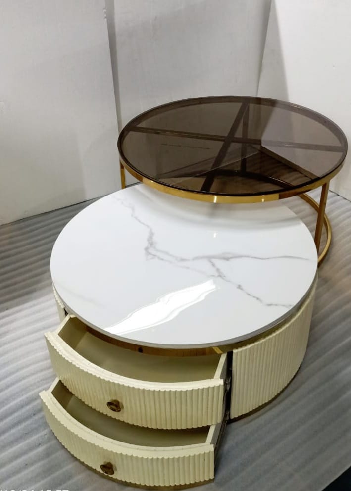 Set of 2 Luxurious Stainless Steel Centre Table, Gold and White