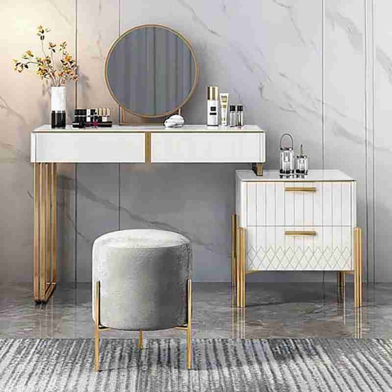 Buy Unique Dressing Table With Side Storage And Puff For Bedroom, White | Gold PC HOME DECOR Buy Unique Dressing Table With Side Storage And Puff For Bedroom, White | Gold PC HOME DECOR