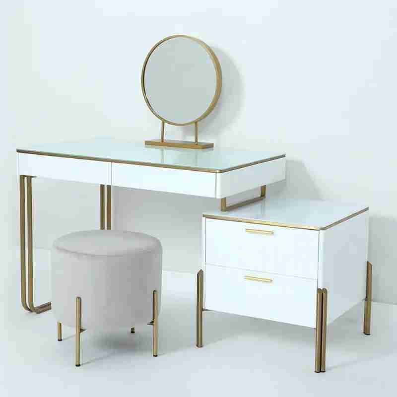 Unique Dressing Table With Side Storage And Puff For Bedroom, White | Gold