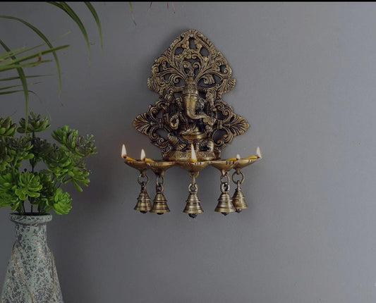Panchdeep Ganesha hanging brass oil lamp/diya with bells