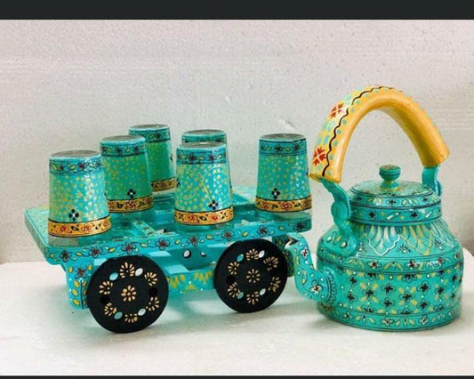 PC Home Decor | Hand Painted Indian Tea Kettle Set with 6 Glasses and Movable Cart, Green and Yellow