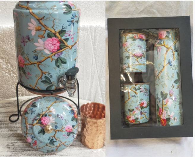 PC Home Decor | Set of 6 Handpainted Copper Water Tank and Bottle Set, Pastel Blue
