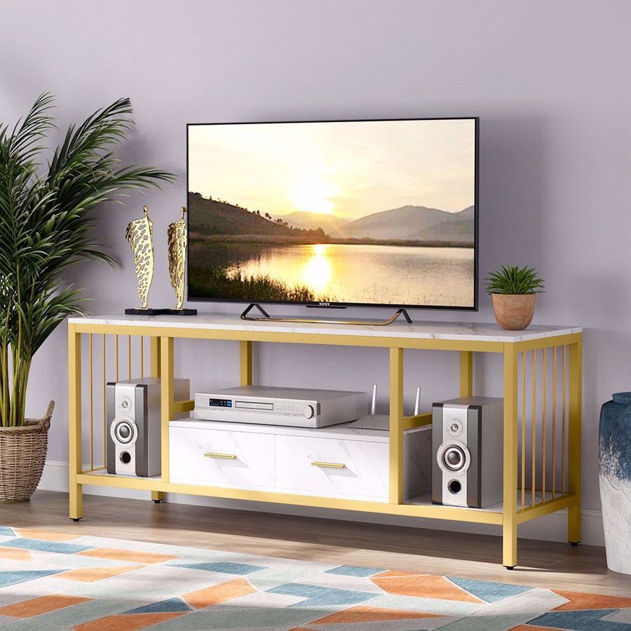 TV Cabinet | SS TV Stand | TV Unit Rectangular White Color With Large Storage Gold Finish
