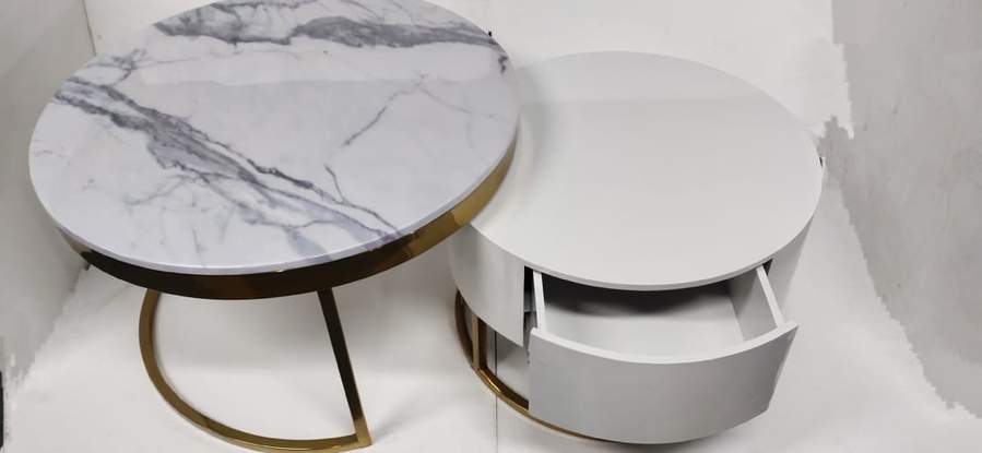 Modern Set of 2 Marble Top Centre Table, White and Gold