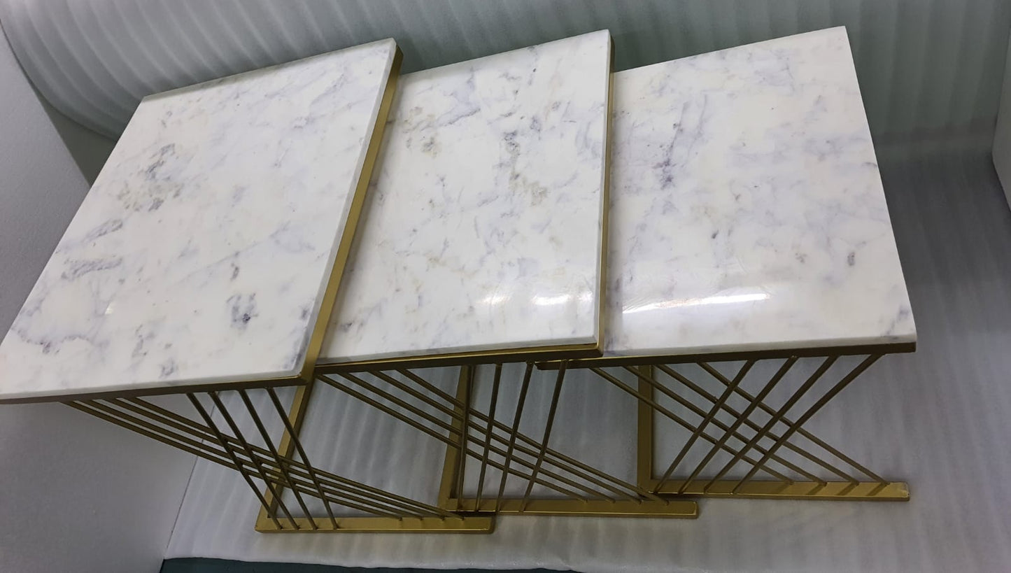 Set of 3 Nesting Square Table with Glass Top, Gold and White
