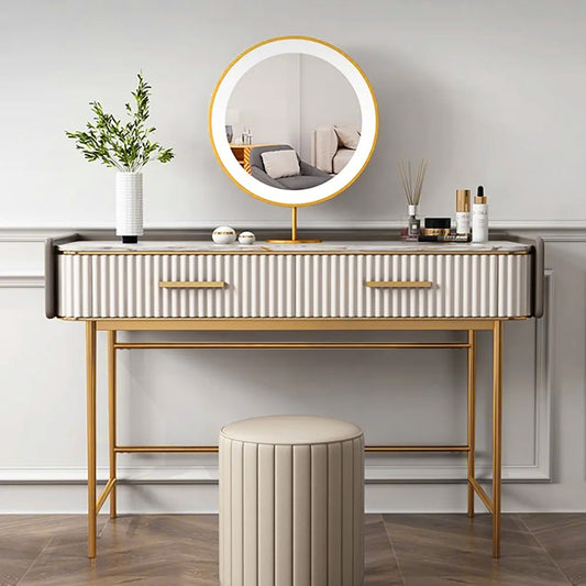 Dressing Table With Storage With Puff For Bedroom, White | Gold