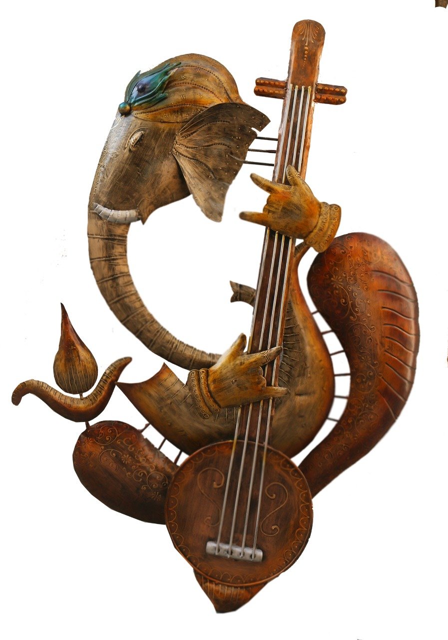 Spiritual Metal Ganesh Wall Art For Living Room | Sitar Playing Ganeshji Wall Decor