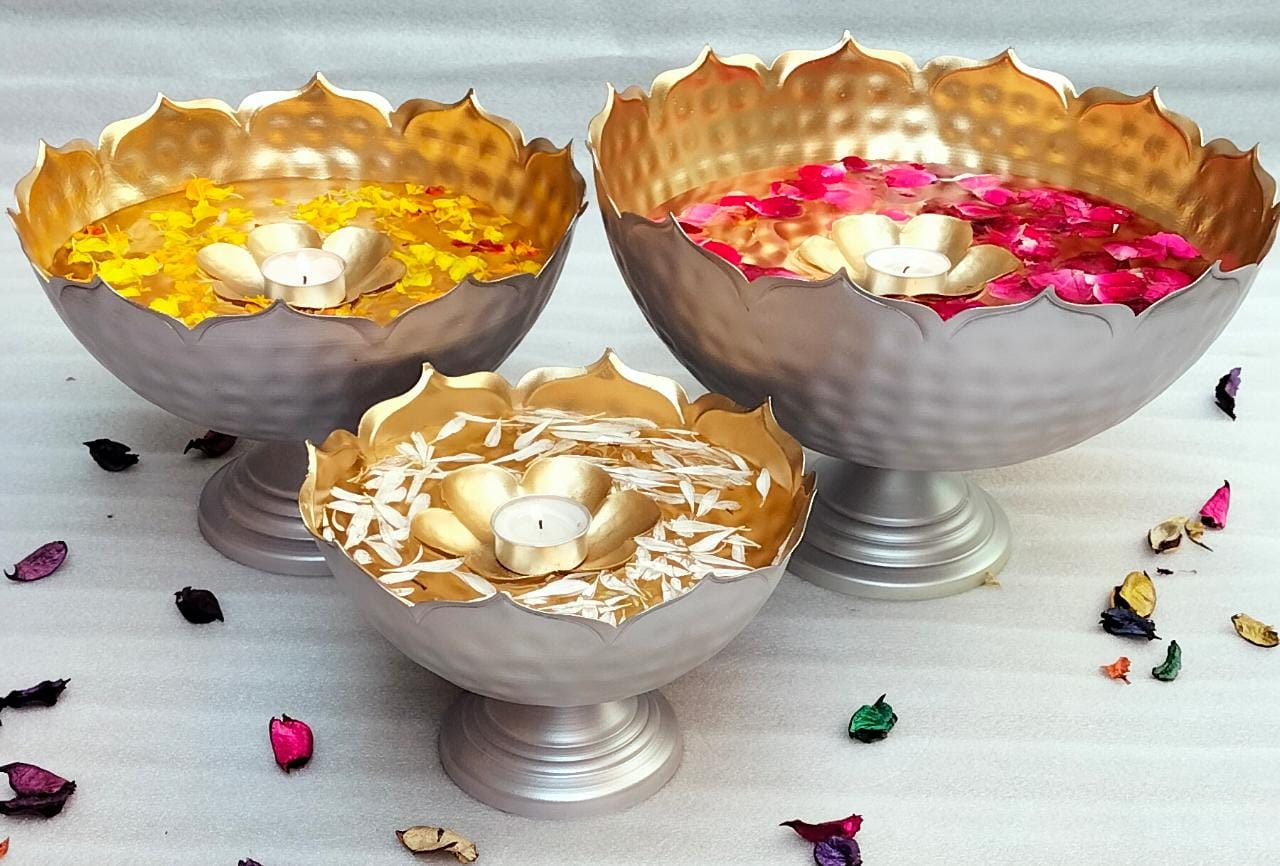 PC Home Decor | 3 piece Taj Urli with Floating Diya Set, Silver