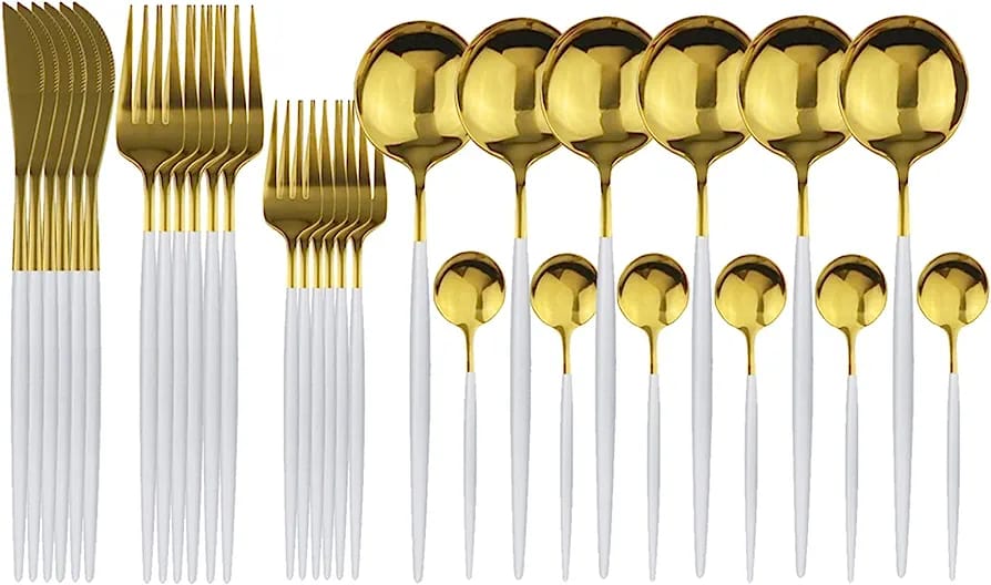 Flatware Stainless Steel White/Black Pencil Bottom Gold Cutlery Set of 24pcs