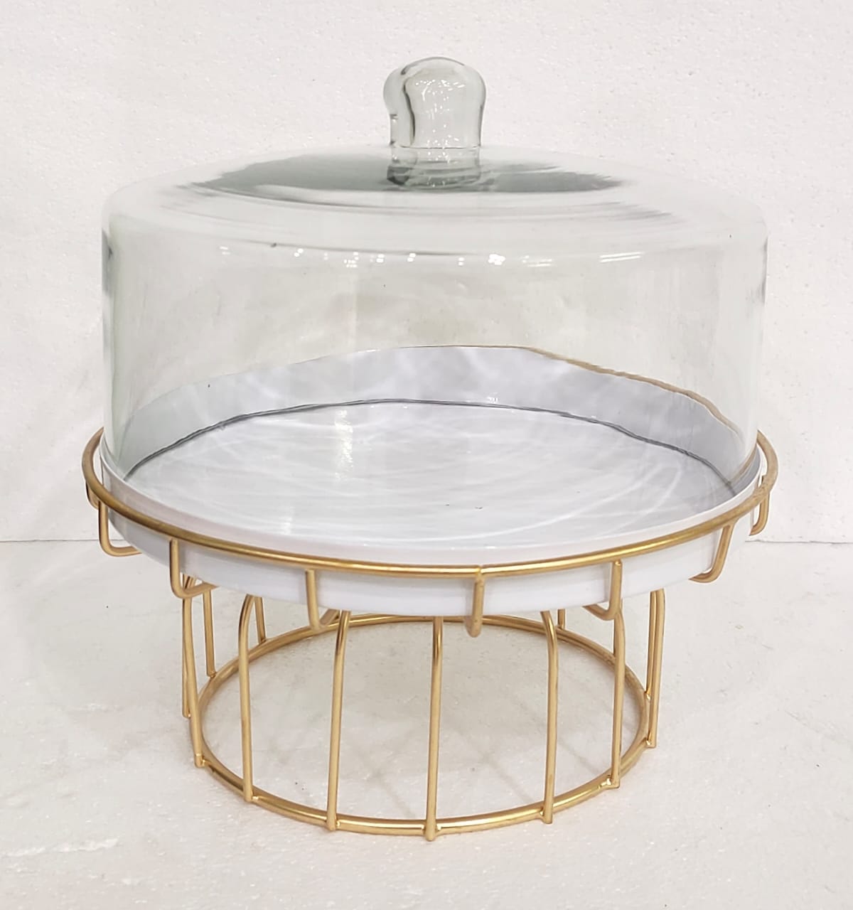 Metal Cake Stand with Glass Top, Green and Gold