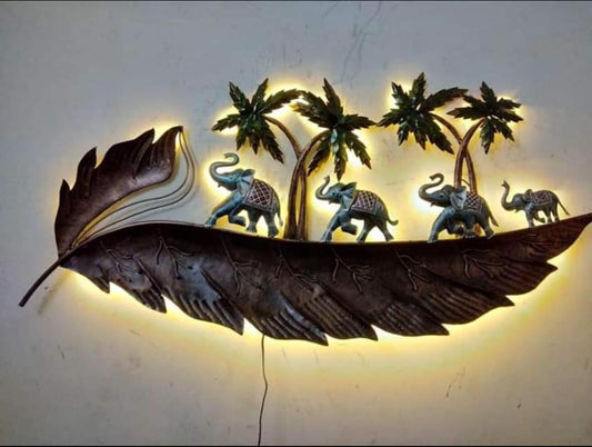 4 Walking Elephant on Leaf Wall Decor | Metal Wall Art For Home Decoration