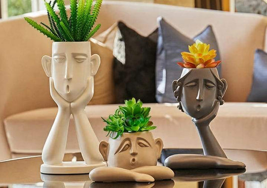 Polyresin Day Dreaming Face Planters, White and Brown