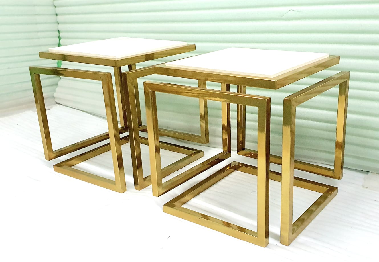 Metal Cube Coffee Table with Marble Top, White and Gold