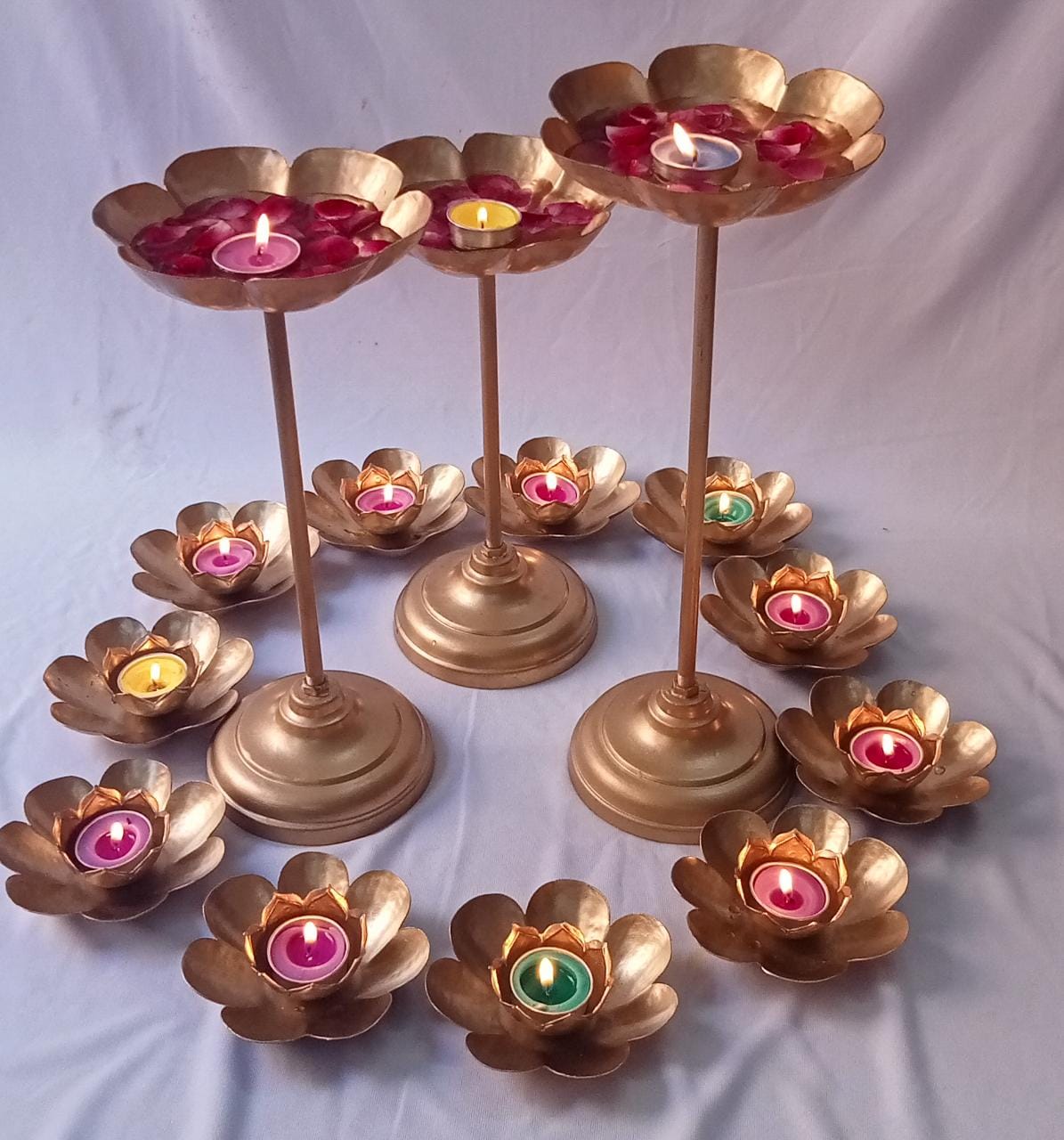 PC Home Decor | Set of 3 Tall Metal Urli Candle Holder Diya Set, Gold