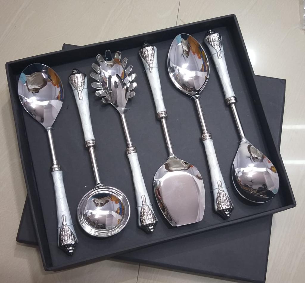 Silver Polished Serving Spoon | Aluminium Conch with Meena Handle Design Set of 6