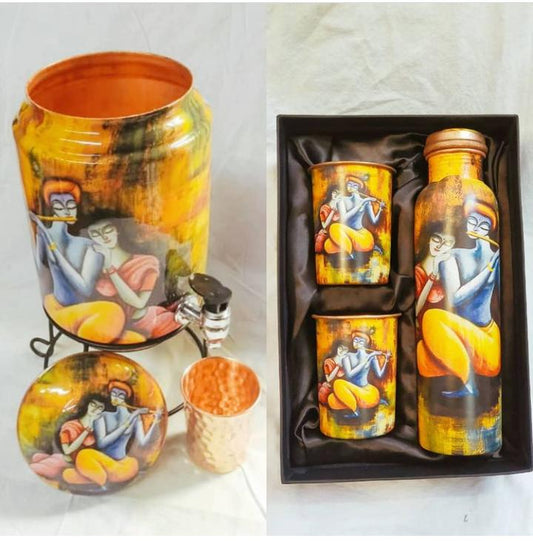 PC Home Decor | Set of 6 Handpainted Copper Water Tank and Bottle Set, Yellow