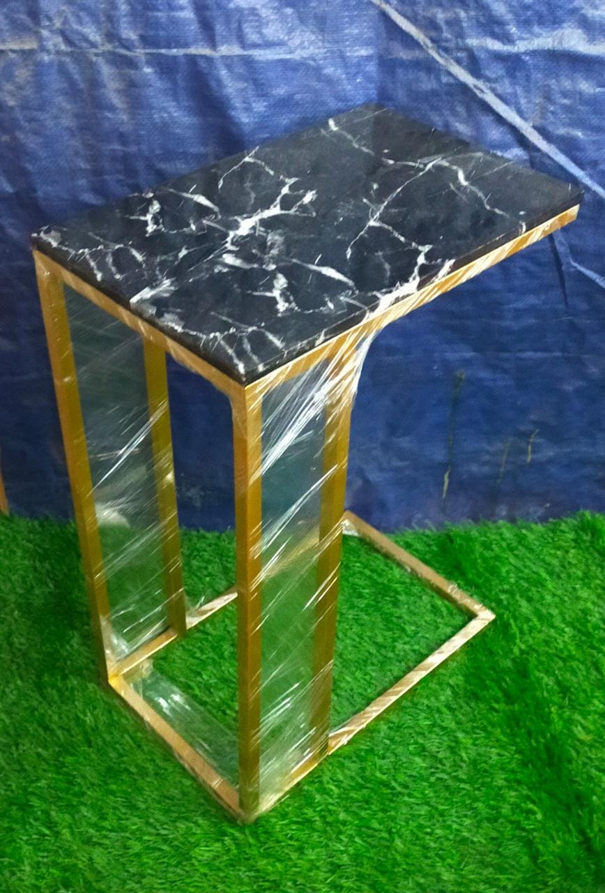 Metal Side Table with Marble Top, Black and Gold