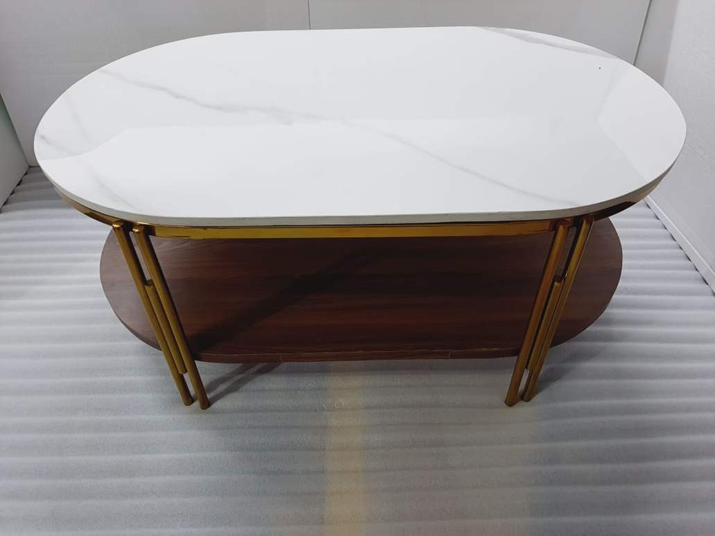 Oval Shape Stainless Steel Centre Table, White and Gold
