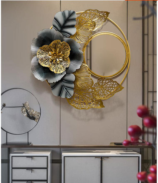 PC Home Decor | Large Floral & Leaf Design Mirror Wall Art, Blue and Gold