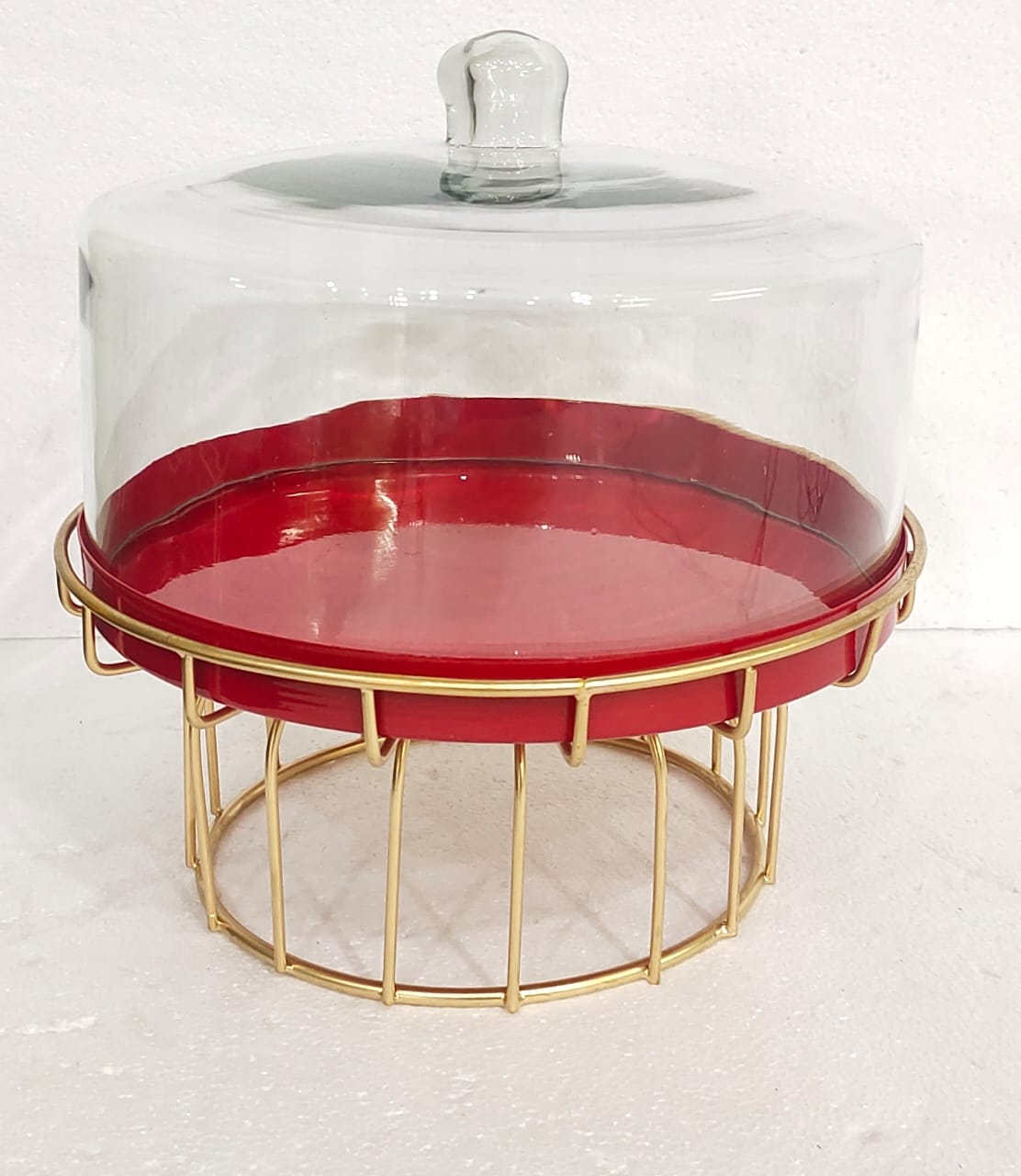 Metal Cake Stand with Glass Top, Green and Gold