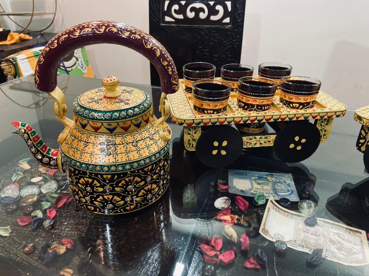 Hand Painted Kettle Set with 6 glass sets and Movable Wooden Tray, Yellow