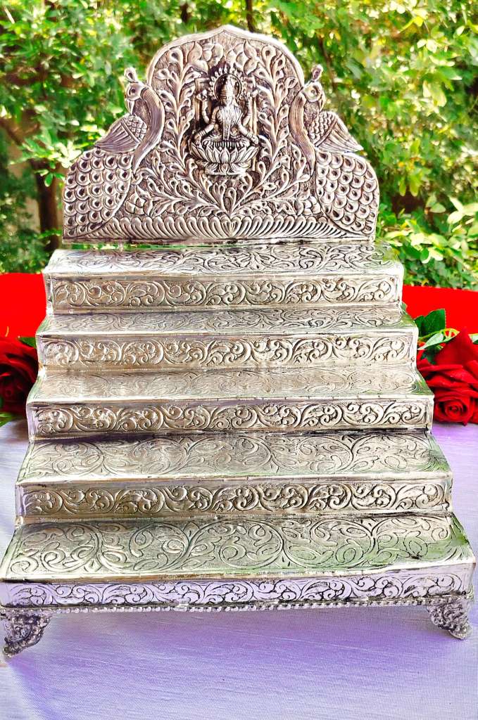 German Silver Lotus Laxmi Singhasan - Divine Elegance for Sacred Spaces