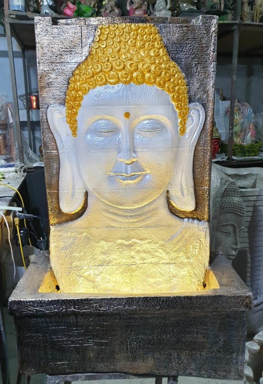 PC Home Decor | Large Slate Fountain Buddha, Gold and White