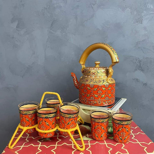 PC Home Decor | Hand Painted Indian Tea Kettle Set with 6 Glasses, Blue and Red, Orange and Gold