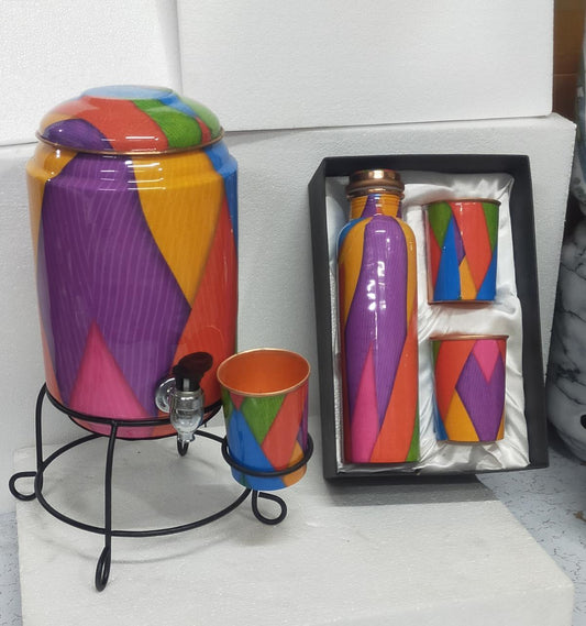 PC Home Decor | Set of 6 Handpainted Copper Water Tank and Bottle Set, Purple and Orange