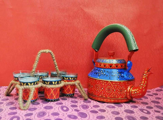 PC Home Decor | Hand Painted Indian Tea Kettle Set with 6 Glasses, Red