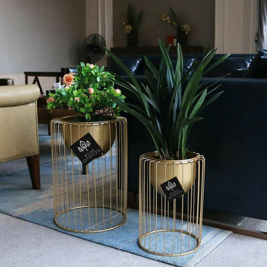 Gold Metal Round Base Floor Planter Stand With Gold Pots (Set of 2)