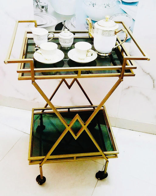 PC Home Decor | Serving Trolley with Green Glass, Green and Gold
