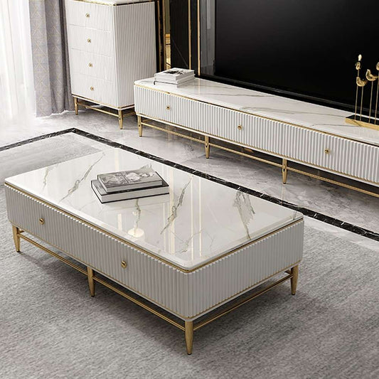 PC Home Decor | Rectangular Centre Table with Marble Top, White and Gold