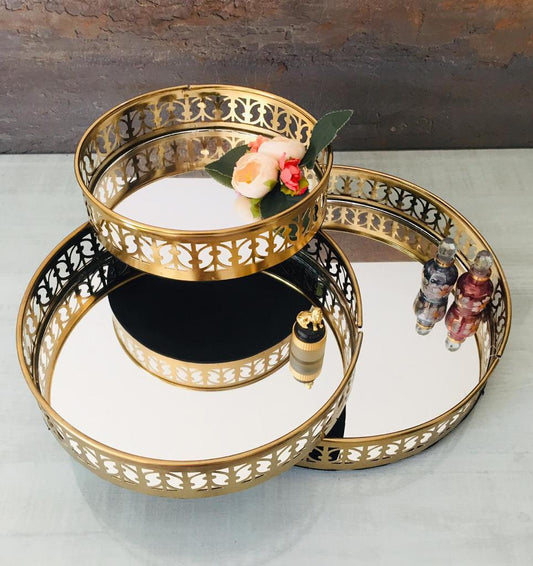 PC Home Decor | Mirror Tray Set with Small Flowers, Gold