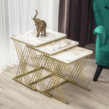PC Home Decor | Set of 3 Nesting Square Table with Glass Top, Gold and White