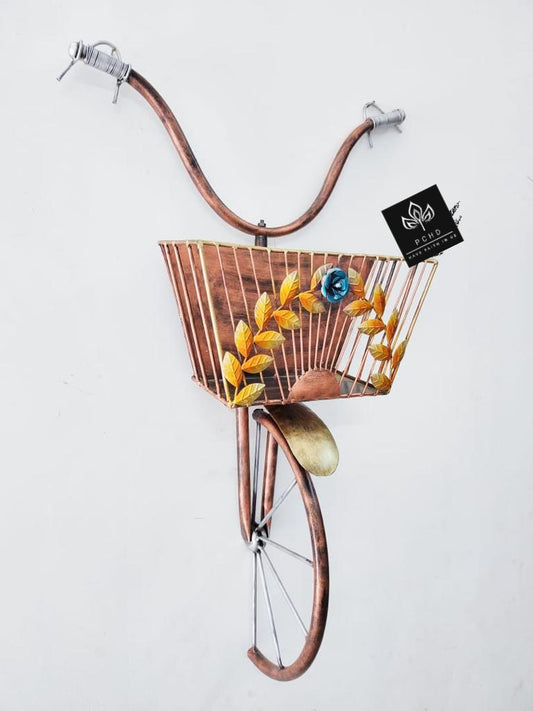 PC Home Decor | Metal Hanging Bicycle with Basket Wall Decor, Yellow and Bronze