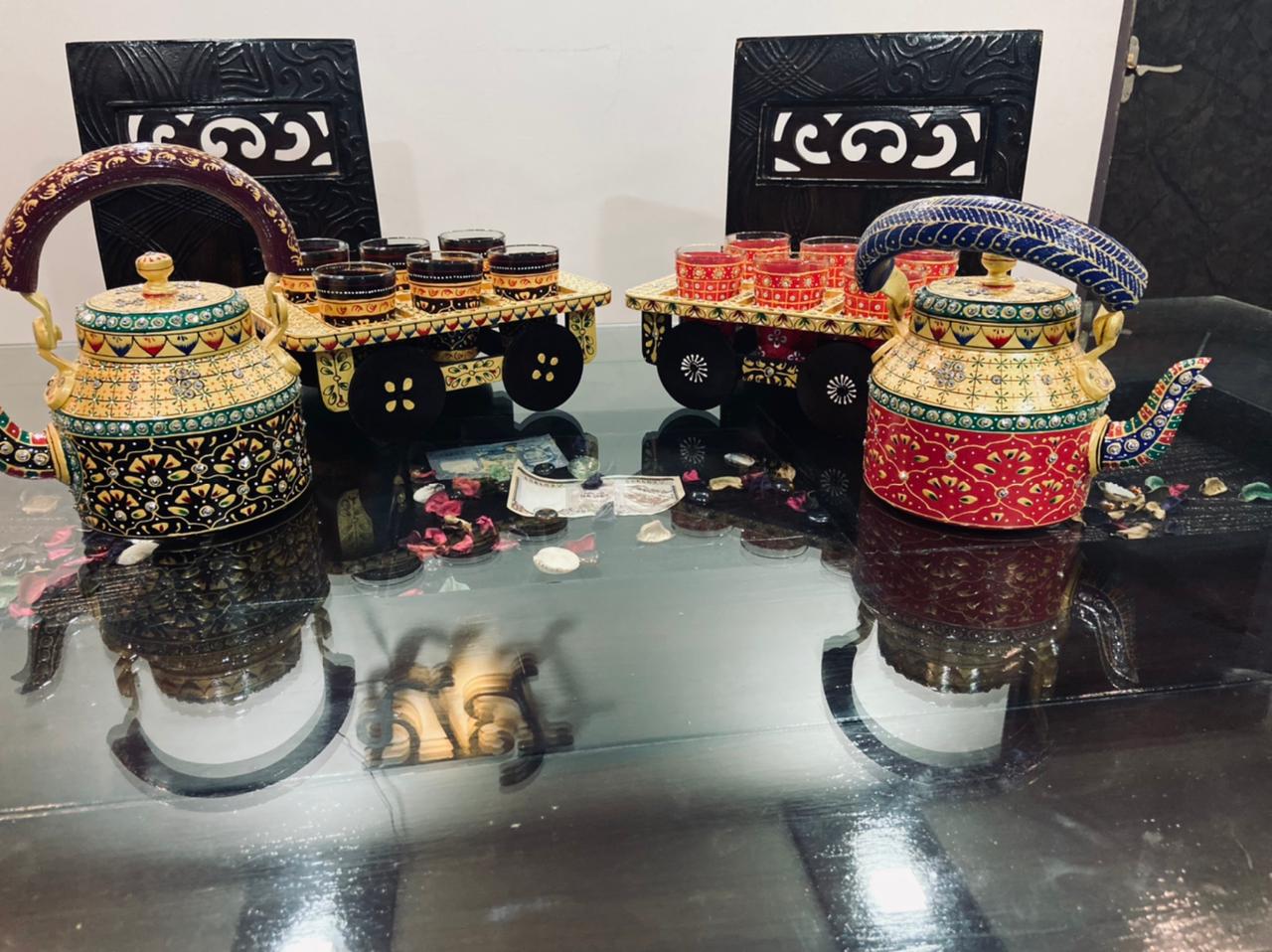 Hand Painted Kettle Set with 6 glass sets and Movable Wooden Tray, Yellow