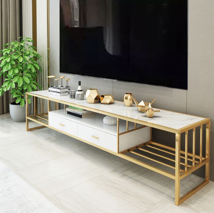 TV Cabinet | SS TV Stand | TV Unit With Rectangular White Top With Dual Storage Gold Finish