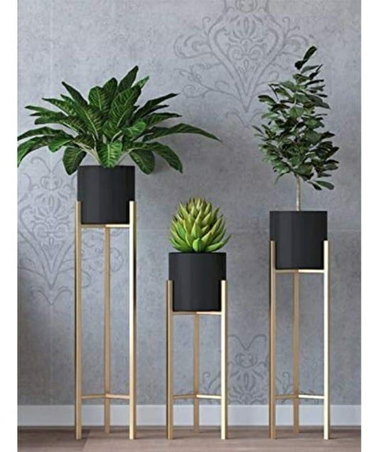 Brass Plated Planter Stand with Black Metal Pot, Floor Planter for Office | Home D??cor and Garden