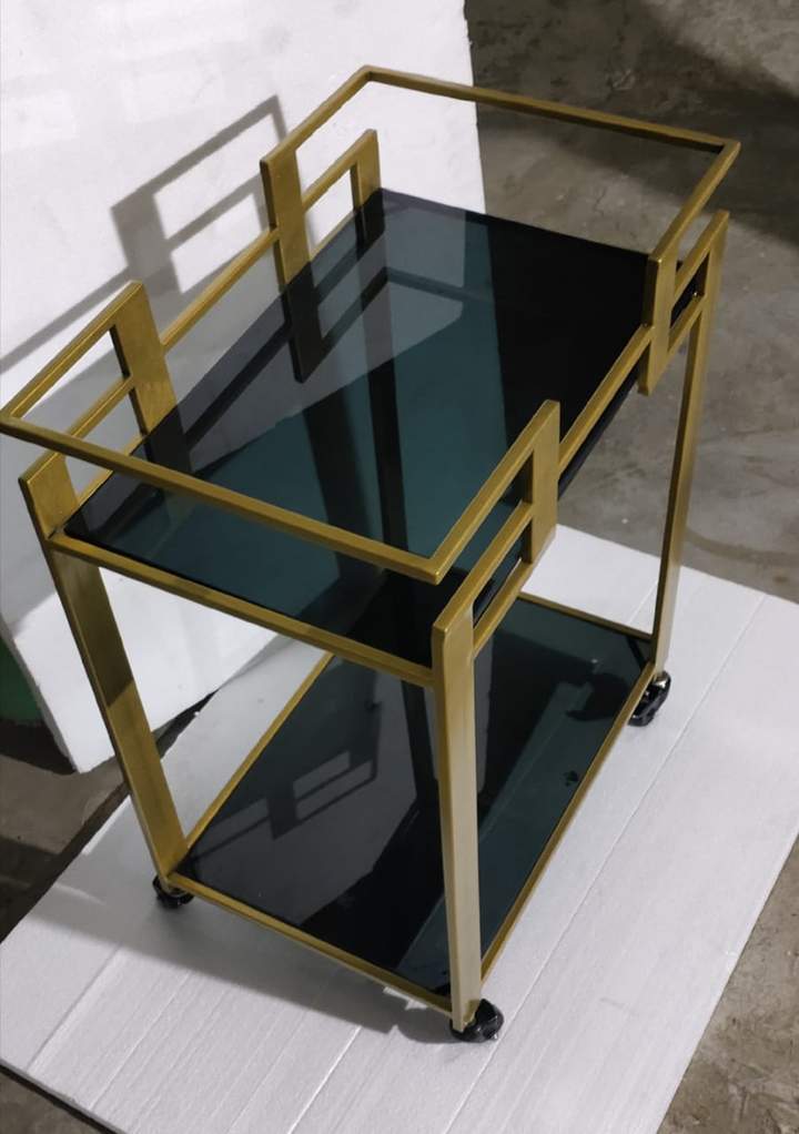 Bar Trolley with Wheel, Gold & Black