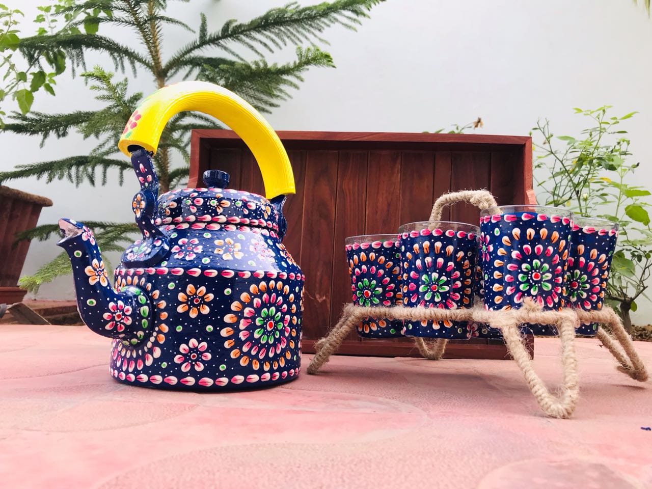 Hand Painted Indian Tea Kettle Set with 6 Glasses, Blue and Red, Navy Blue and Yellow