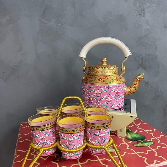 PC Home Decor | Hand Painted Indian Tea Kettle Set with 6 Glasses, Pink