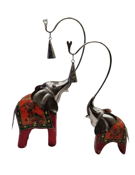PC Home Decor | Wooden Elephant Mother Child Pair Table Decor, Brown and Red