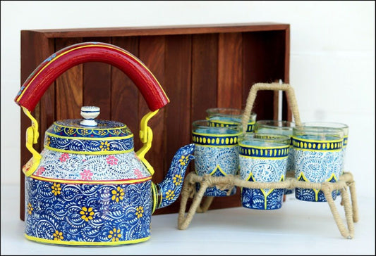PC Home Decor | Hand Painted Indian Tea Kettle Set with 6 Glasses, Blue and Red