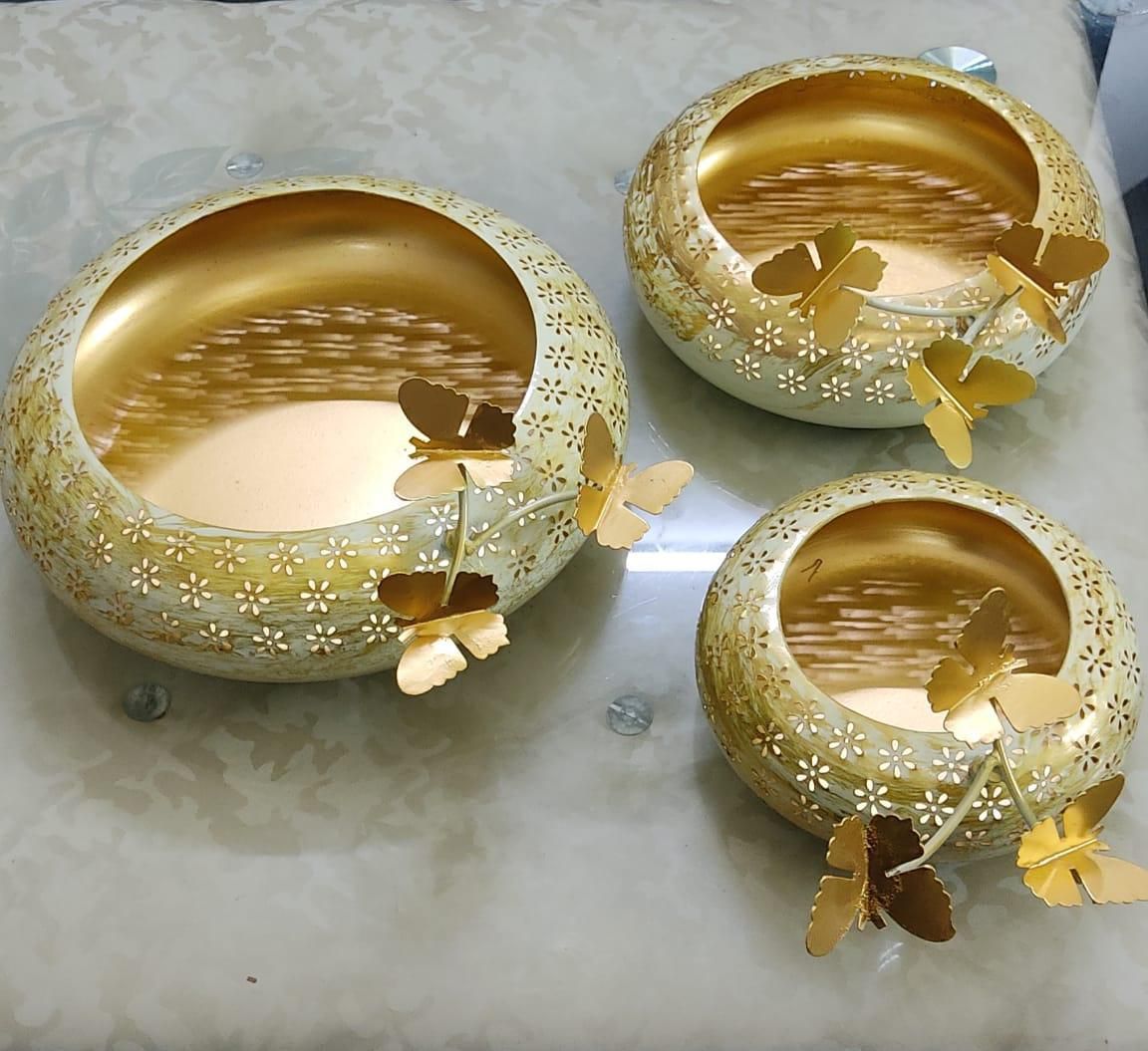 PC Home Decor | Set of 3 Butterfly Net Urli Set, Gold