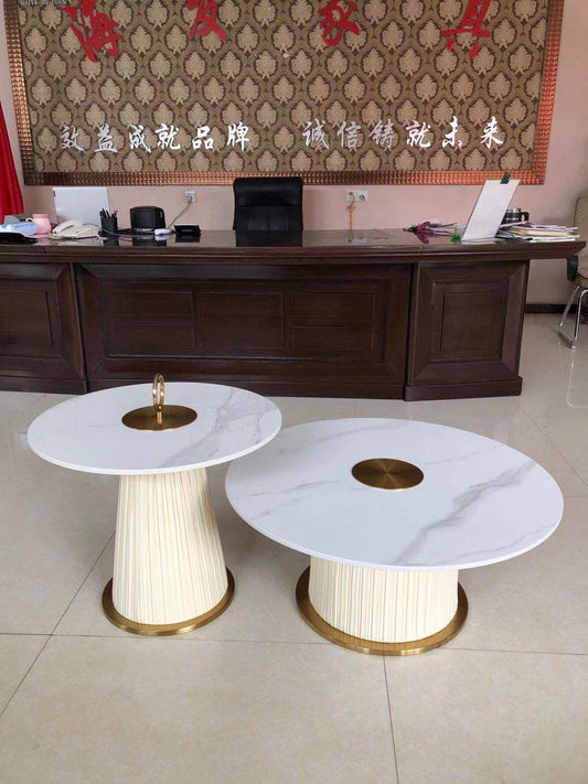 3PC Home Decor | Round Imported Milano Metal Centre Table with Large Marble Top, White and Gold