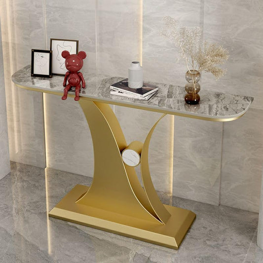 Rectangular Console Table With Stone Top and Abstract Metal Base