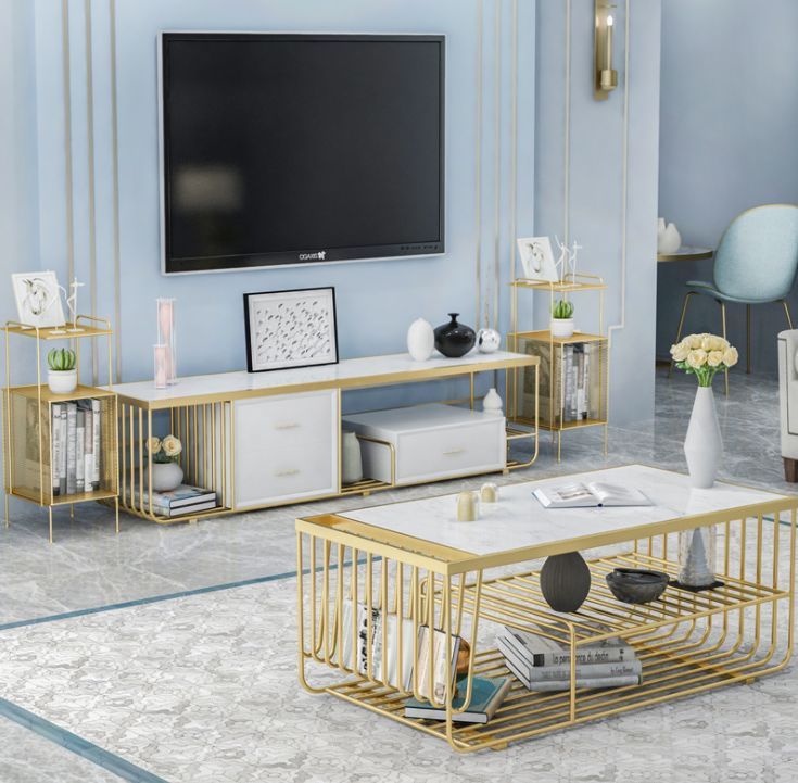 TV Cabinet | SS TV Stand | TV Unit Rectangular Modern Design With Two Side Tables Gold Finish